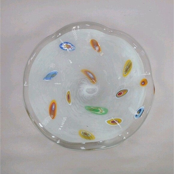 Vintage Lavorazione Murano Millefiori White Glass CenterPiece Bowl Italy 7.5" - Picture 1 of 4